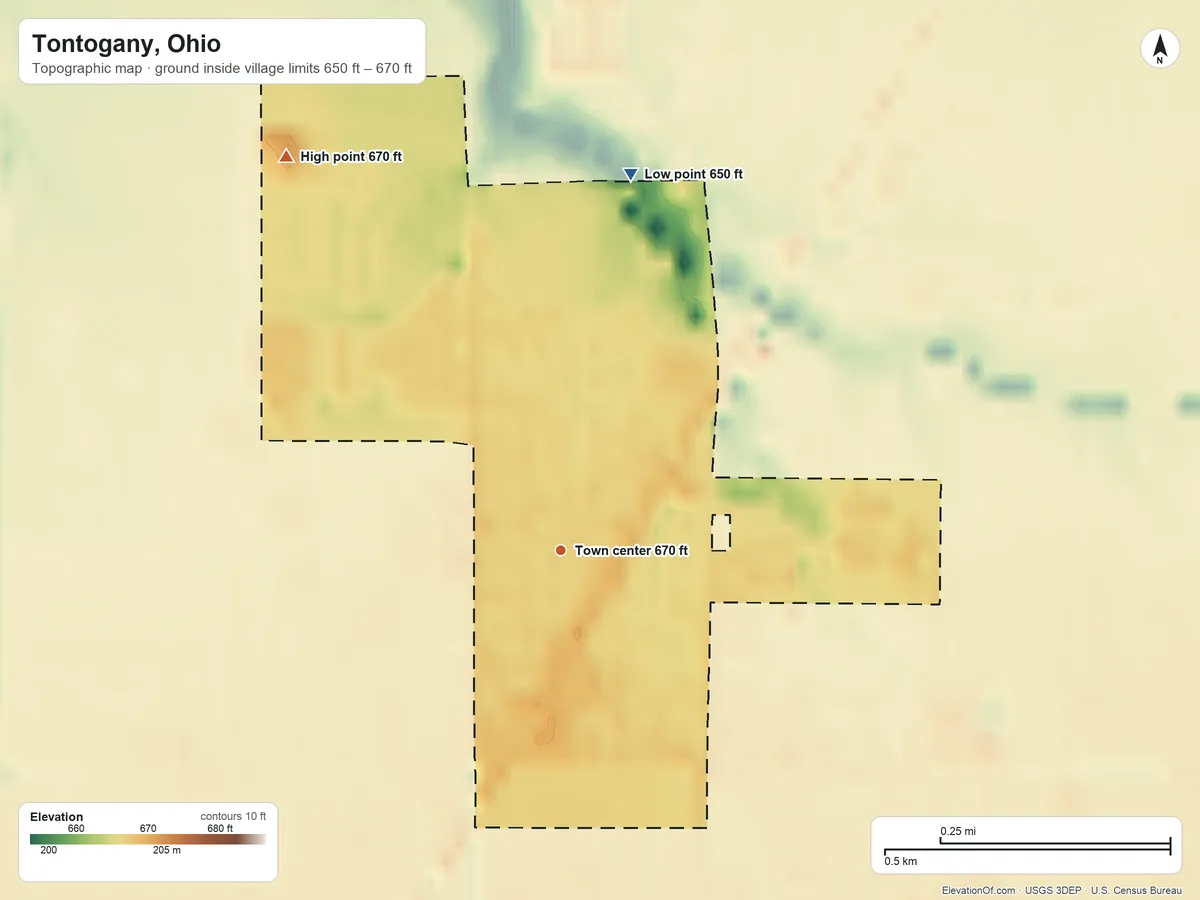 Topographic elevation map of Tontogany, Ohio, shaded from 650 ft on the north side to 670 ft on the northwest side
