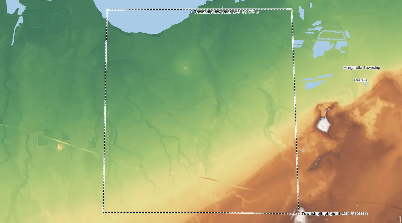 Topographic elevation map of Townsend Township, Sandusky County, Ohio, shaded from 570 ft on the north side to 760 ft on the southeast side
