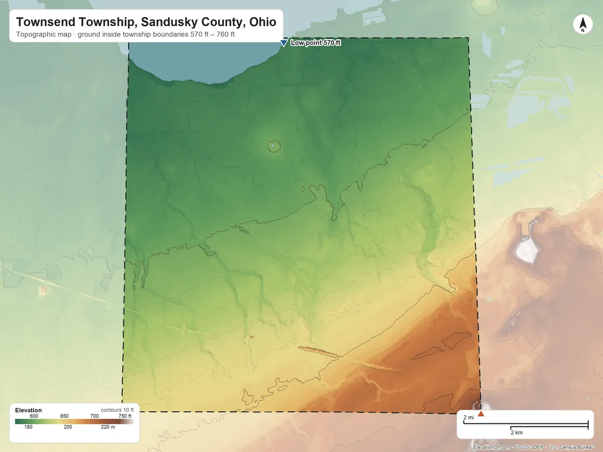 Topographic elevation map of Townsend Township, Sandusky County, Ohio, shaded from 570 ft on the north side to 760 ft on the southeast side