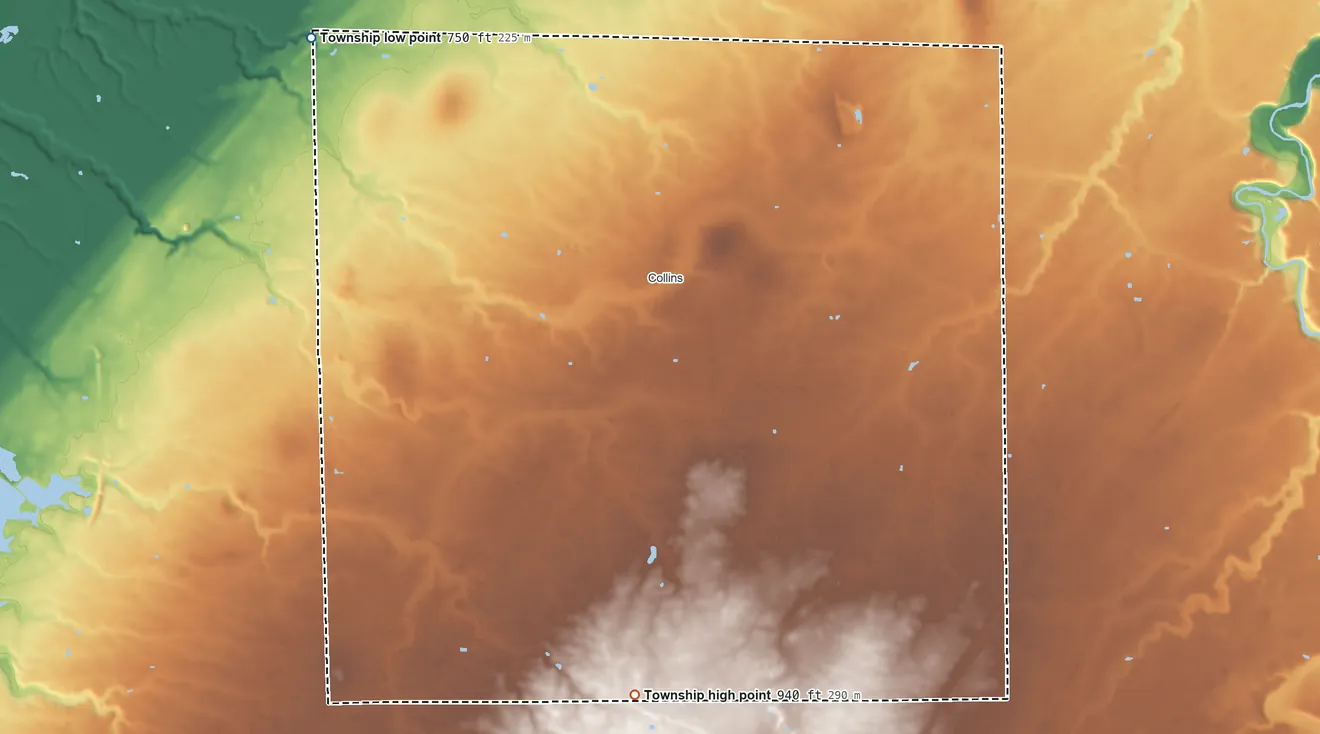 Topographic elevation map of Townsend Township, Ohio, shaded from 750 ft on the northwest side to 940 ft on the south side