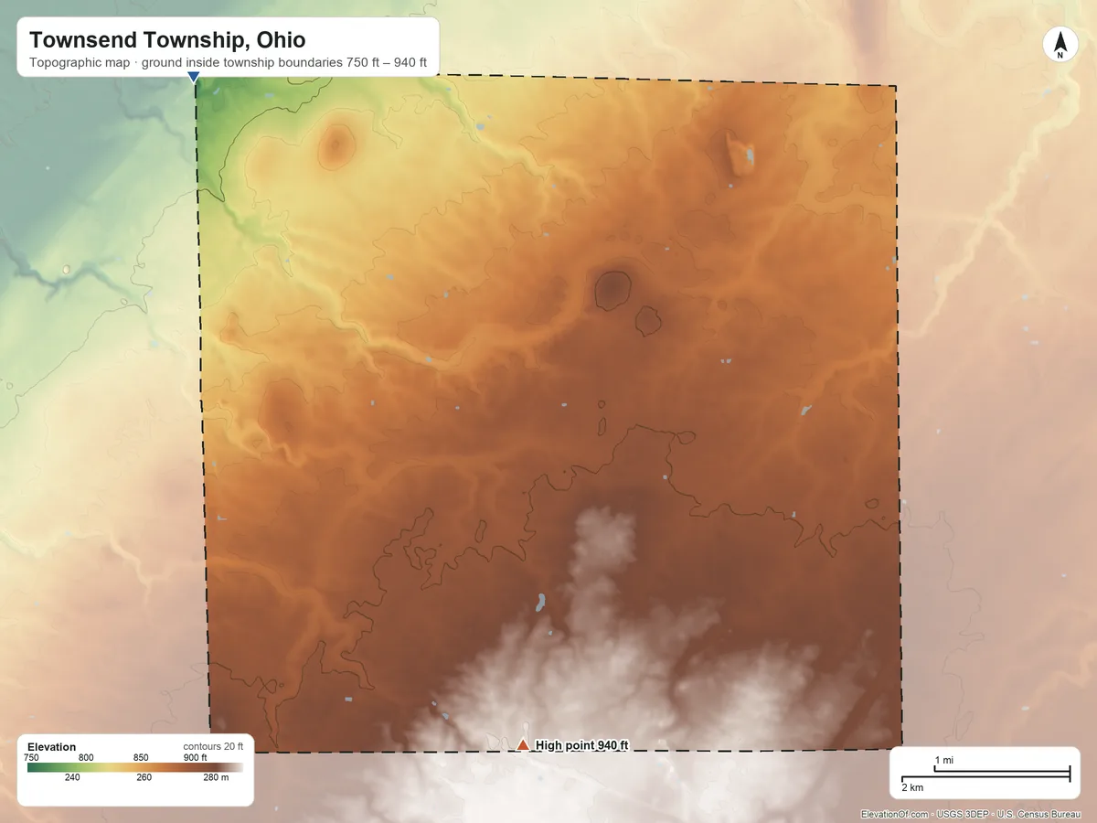 Topographic elevation map of Townsend Township, Ohio, shaded from 750 ft on the northwest side to 940 ft on the south side