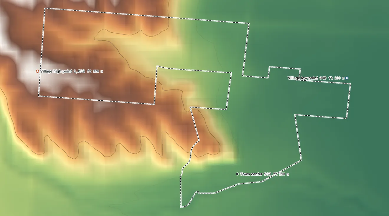 Topographic elevation map of Tremont City, Ohio, shaded from 940 ft on the northeast side to 1,050 ft on the northwest side