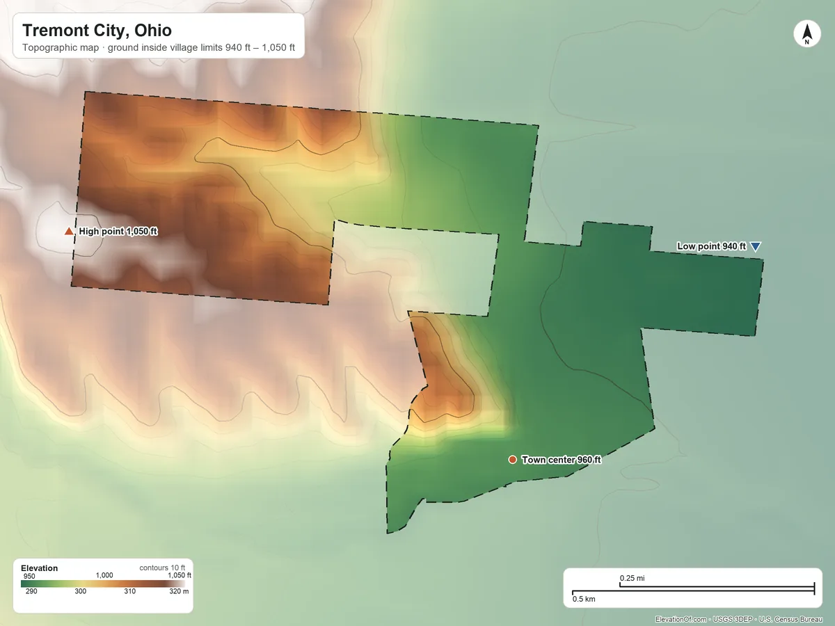 Topographic elevation map of Tremont City, Ohio, shaded from 940 ft on the northeast side to 1,050 ft on the northwest side