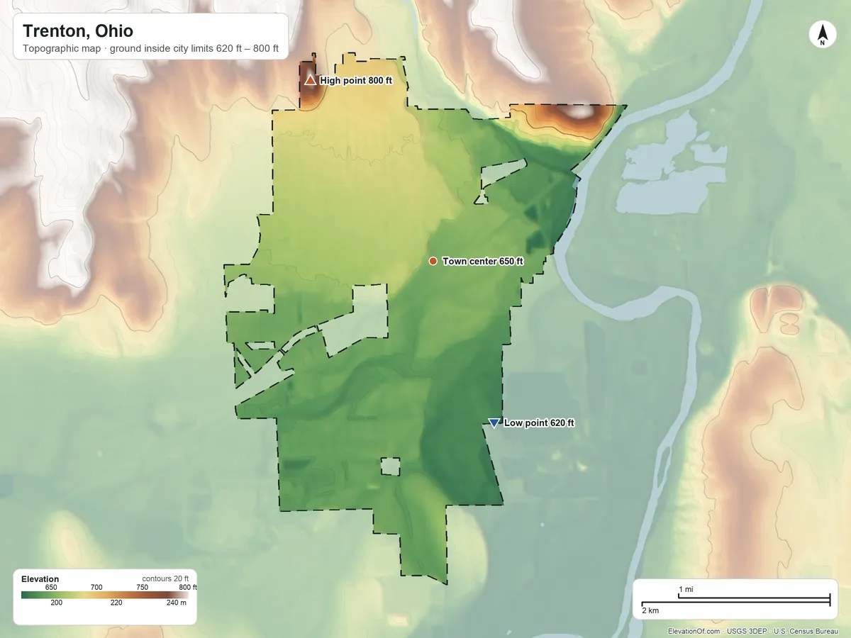 Topographic elevation map of Trenton, Ohio, shaded from 620 ft on the south side to 800 ft on the northwest side