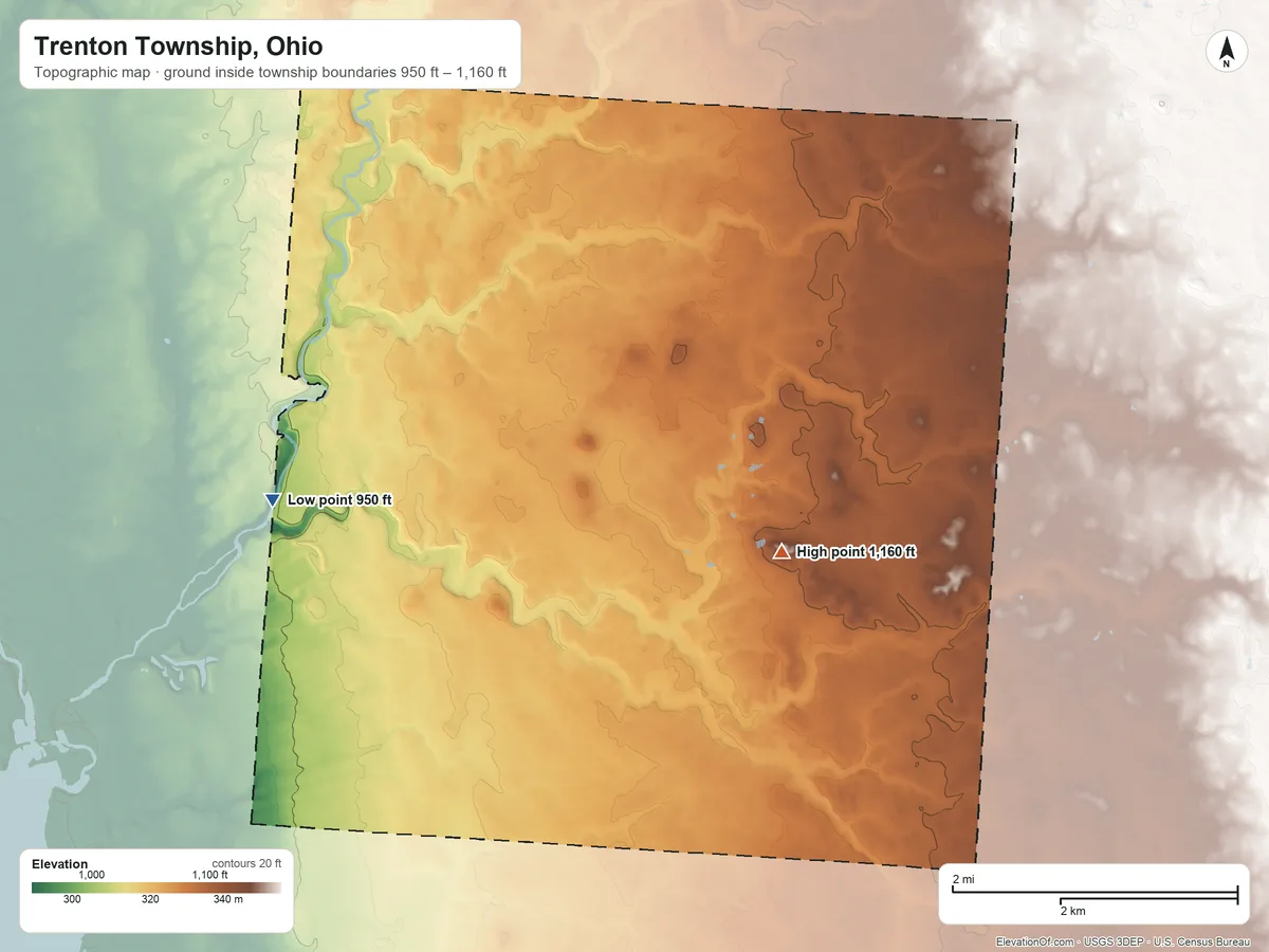 Topographic elevation map of Trenton Township, Ohio, shaded from 950 ft on the west side to 1,160 ft on the east side