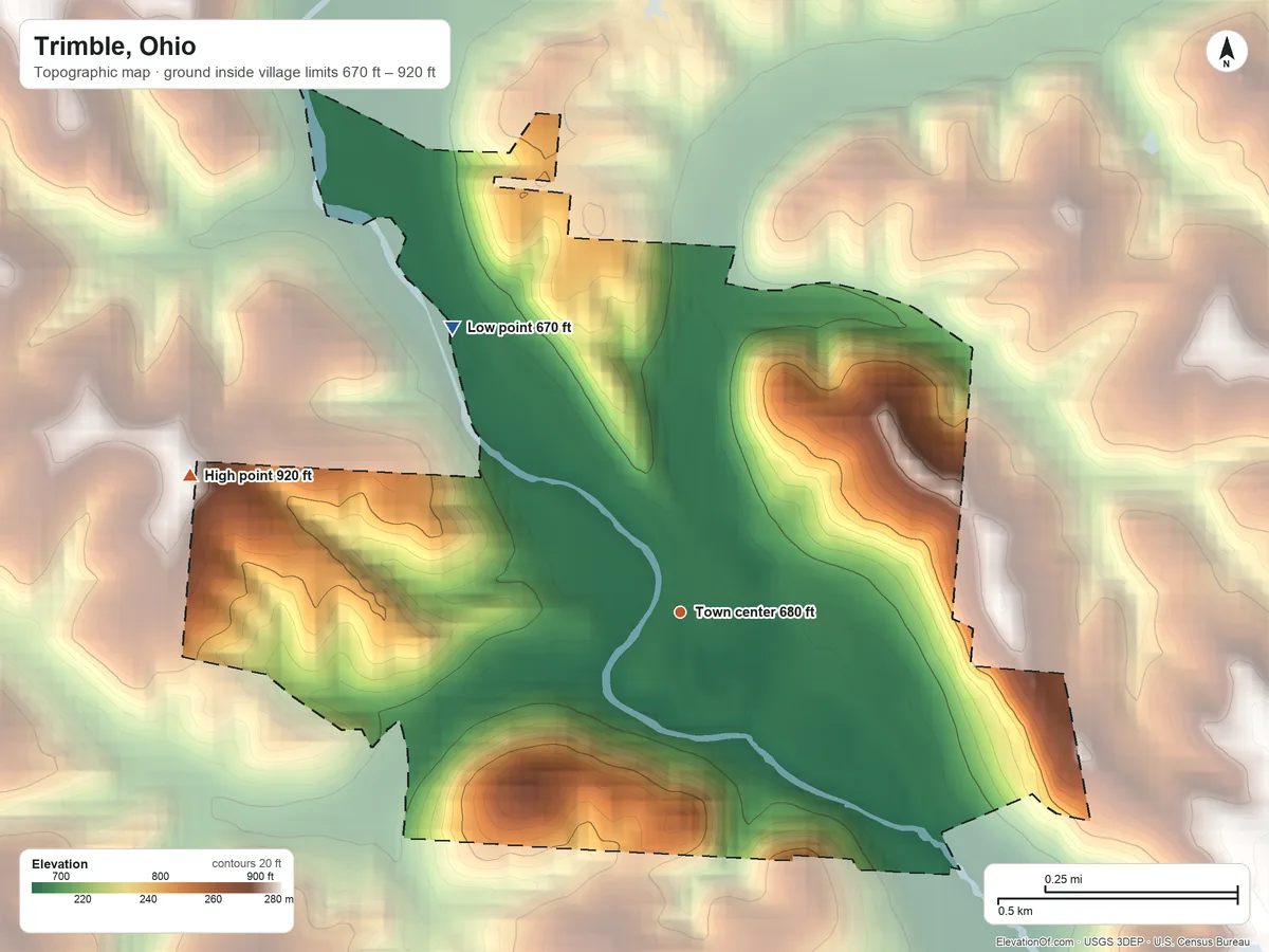 Topographic elevation map of Trimble, Ohio, shaded from 670 ft on the northwest side to 920 ft on the west side