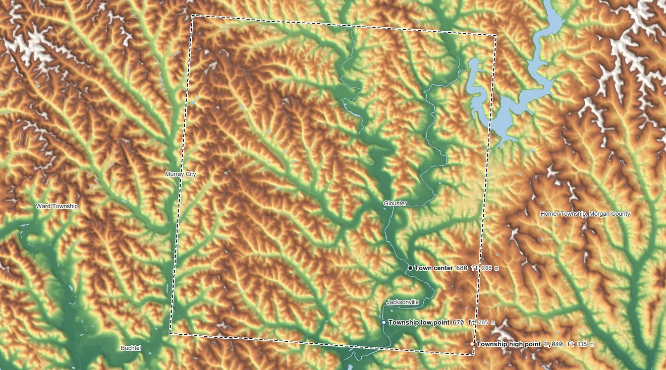 Topographic elevation map of Trimble Township, Ohio, shaded from 670 ft on the southwest side to 1,040 ft on the southeast side