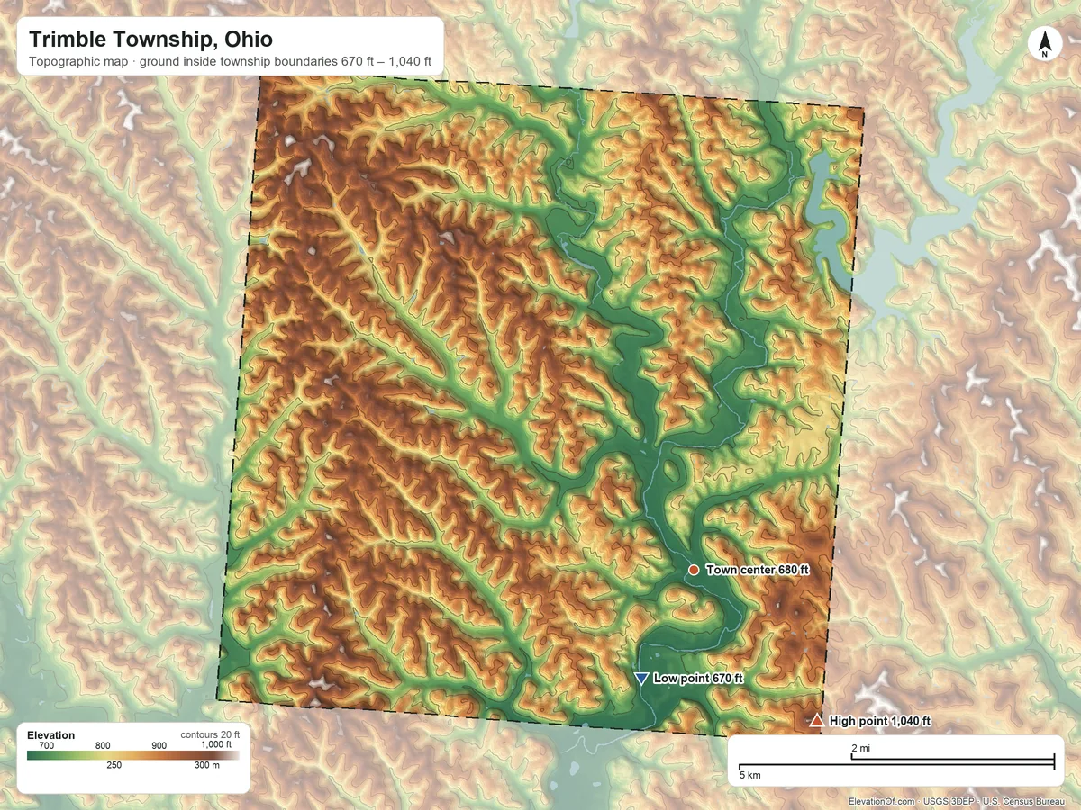 Topographic elevation map of Trimble Township, Ohio, shaded from 670 ft on the southwest side to 1,040 ft on the southeast side