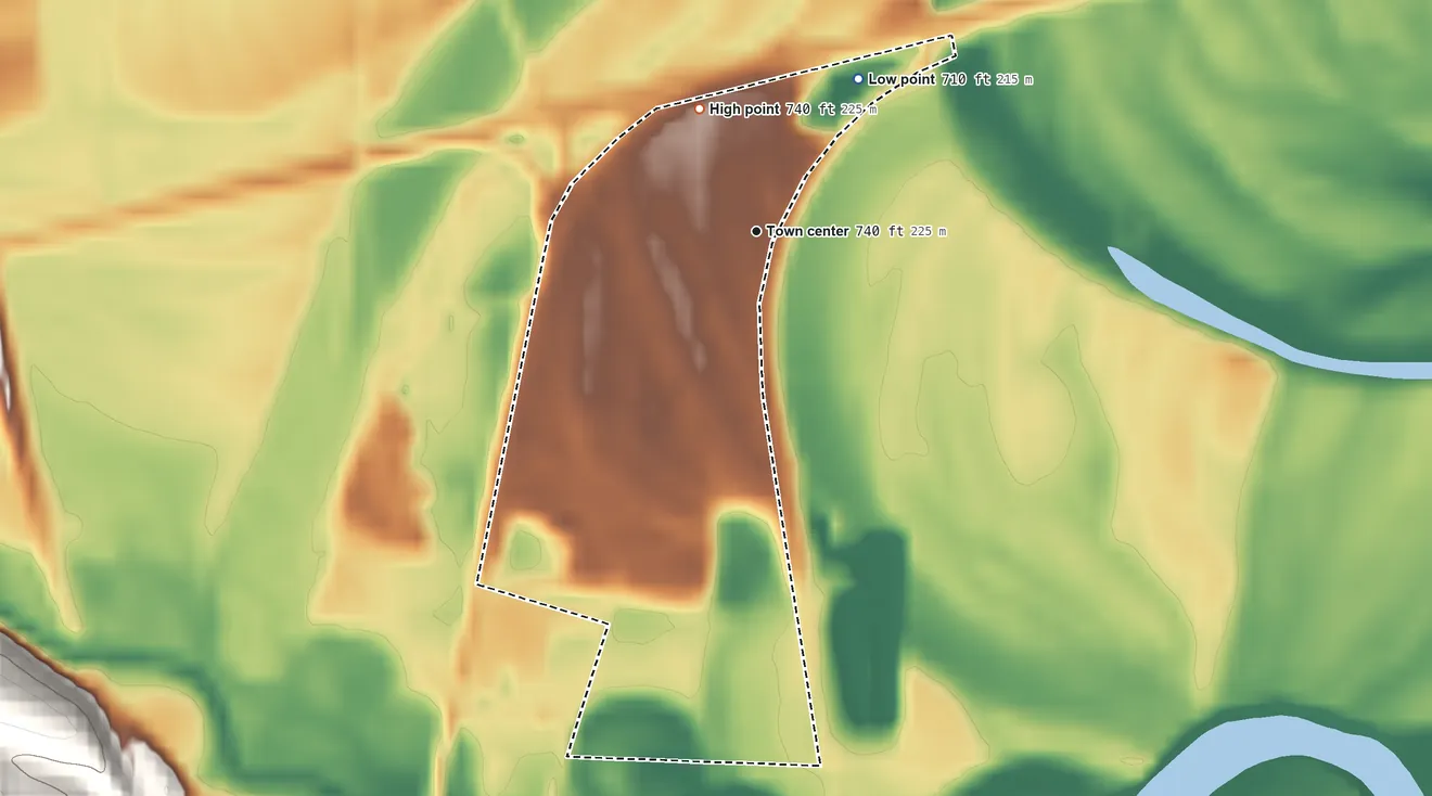 Topographic elevation map of Trinway, Ohio, shaded from 710 ft on the northeast side to 740 ft on the northwest edge, below higher ground just outside