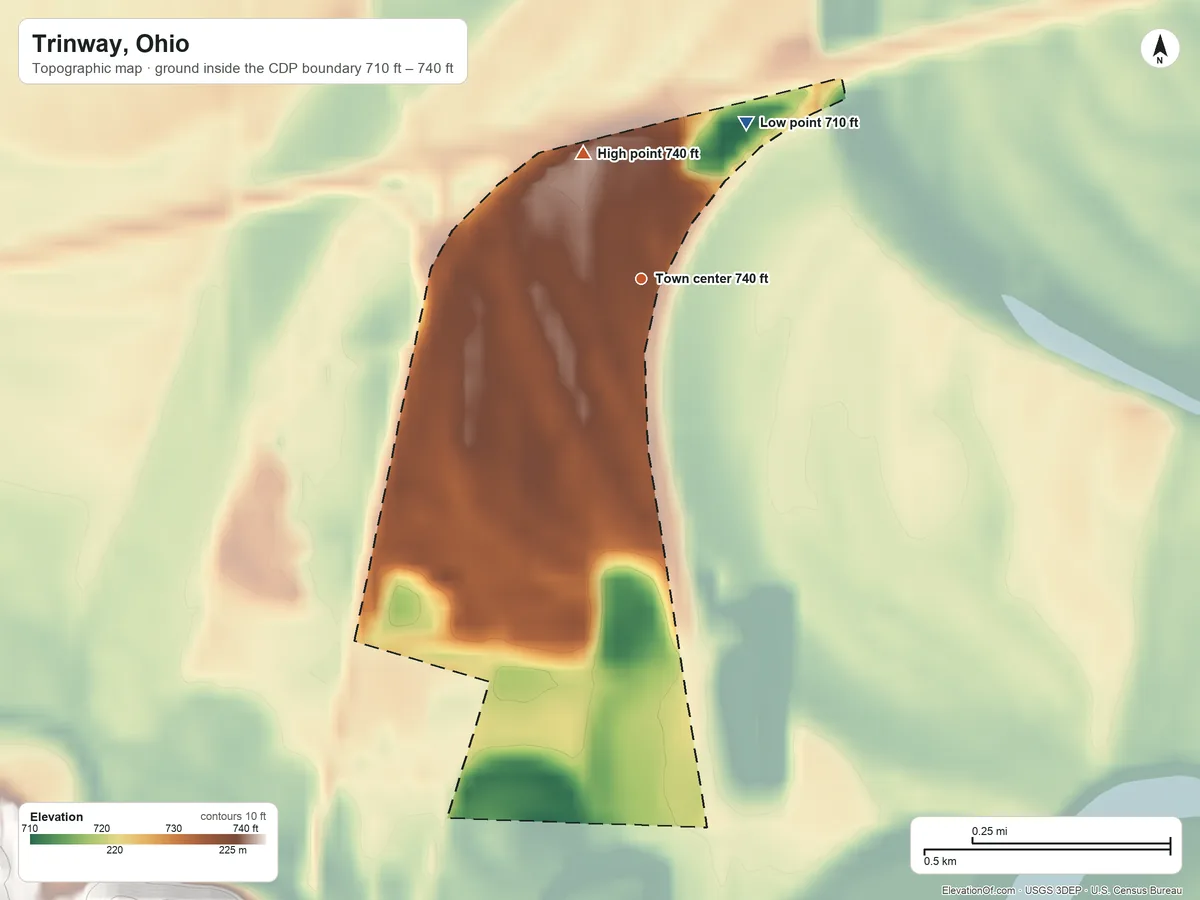 Topographic elevation map of Trinway, Ohio, shaded from 710 ft on the northeast side to 740 ft on the northwest edge, below higher ground just outside