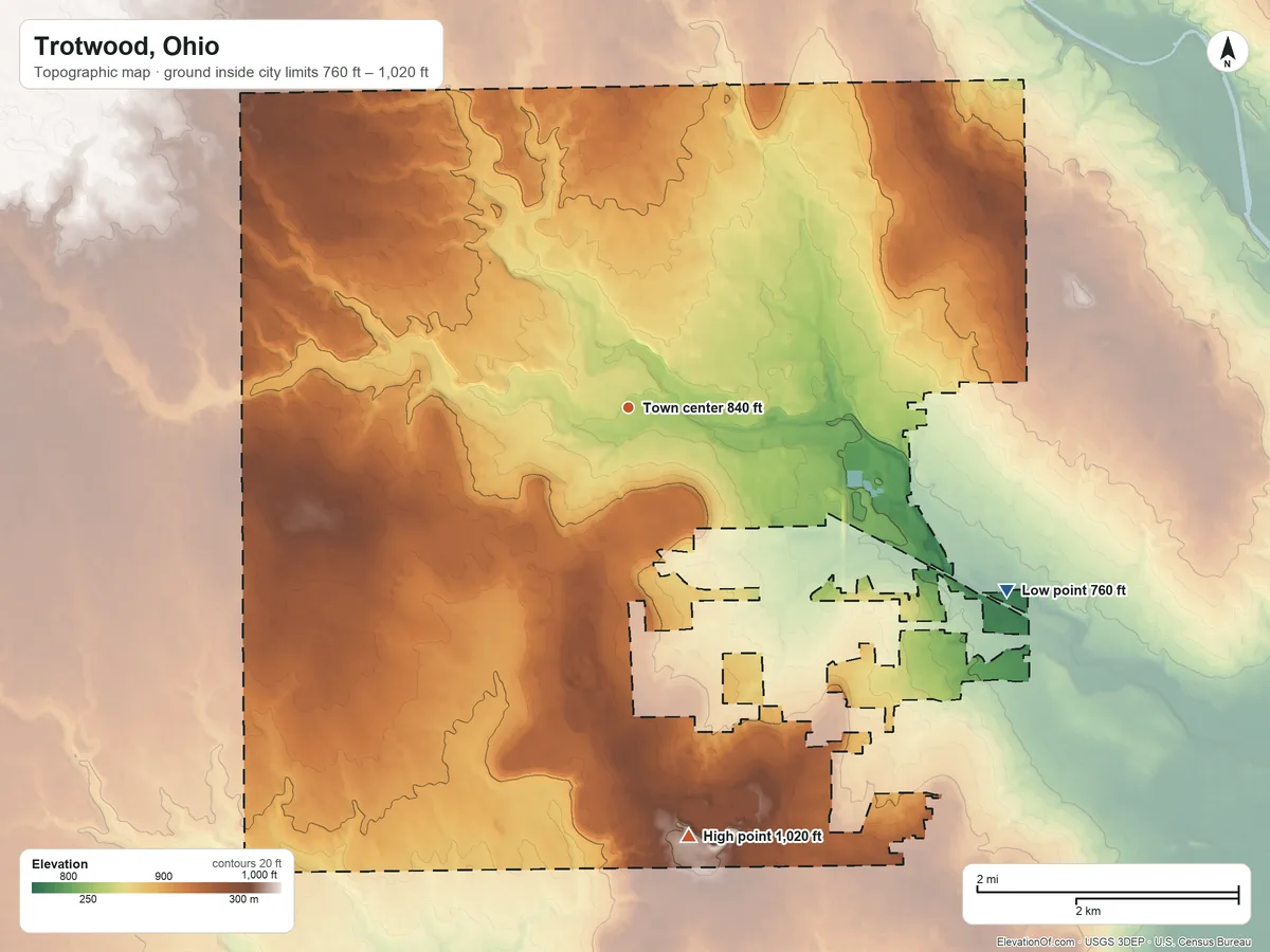 Topographic elevation map of Trotwood, Ohio, shaded from 760 ft on the southeast side to 1,020 ft on the south side
