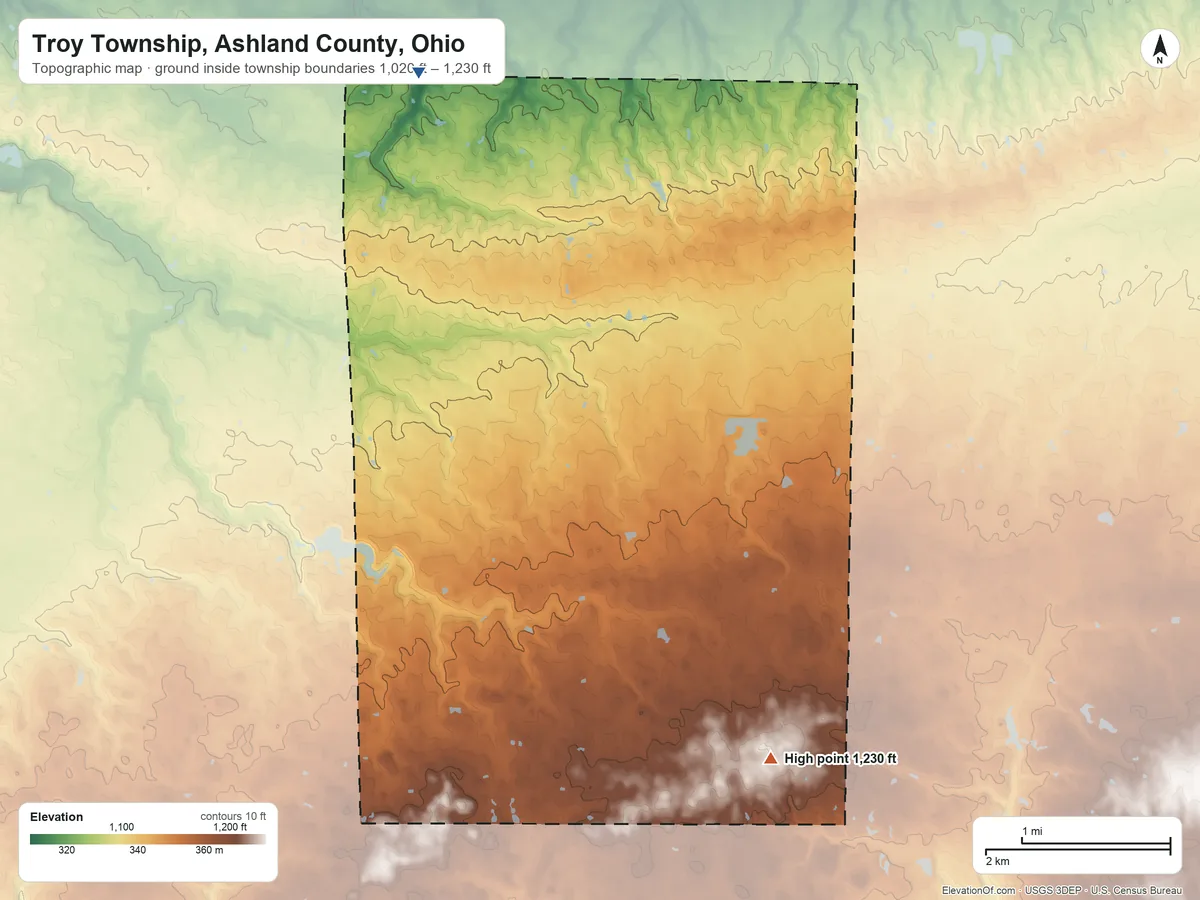 Topographic elevation map of Troy Township, Ashland County, Ohio, shaded from 1,020 ft on the northwest side to 1,230 ft on the southeast side