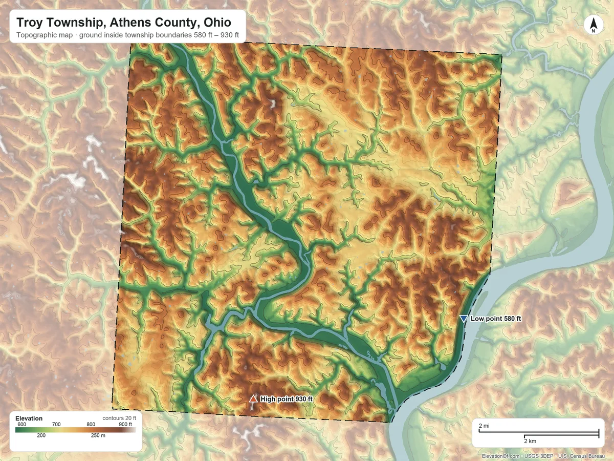 Topographic elevation map of Troy Township, Athens County, Ohio, shaded from 580 ft on the east side to 930 ft on the south side