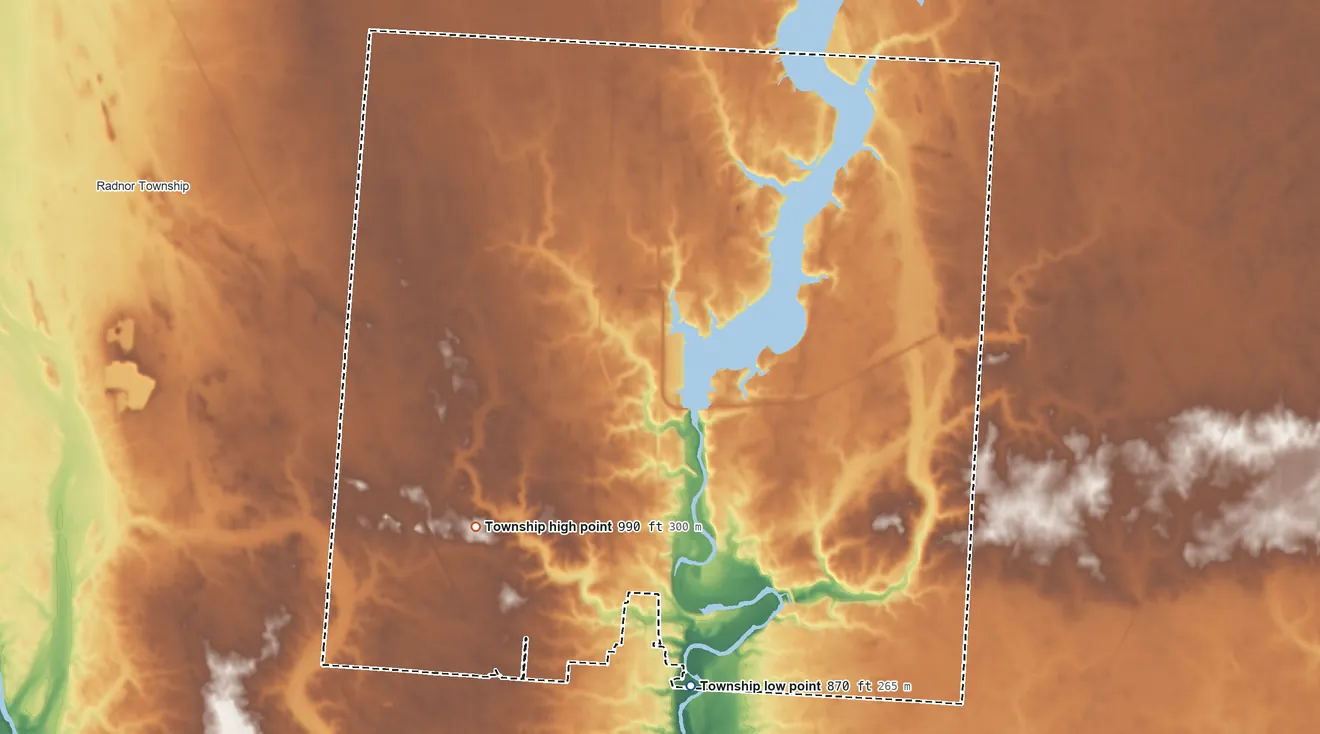 Topographic elevation map of Troy Township, Delaware County, Ohio, shaded from 870 ft on the south side to 990 ft on the west side