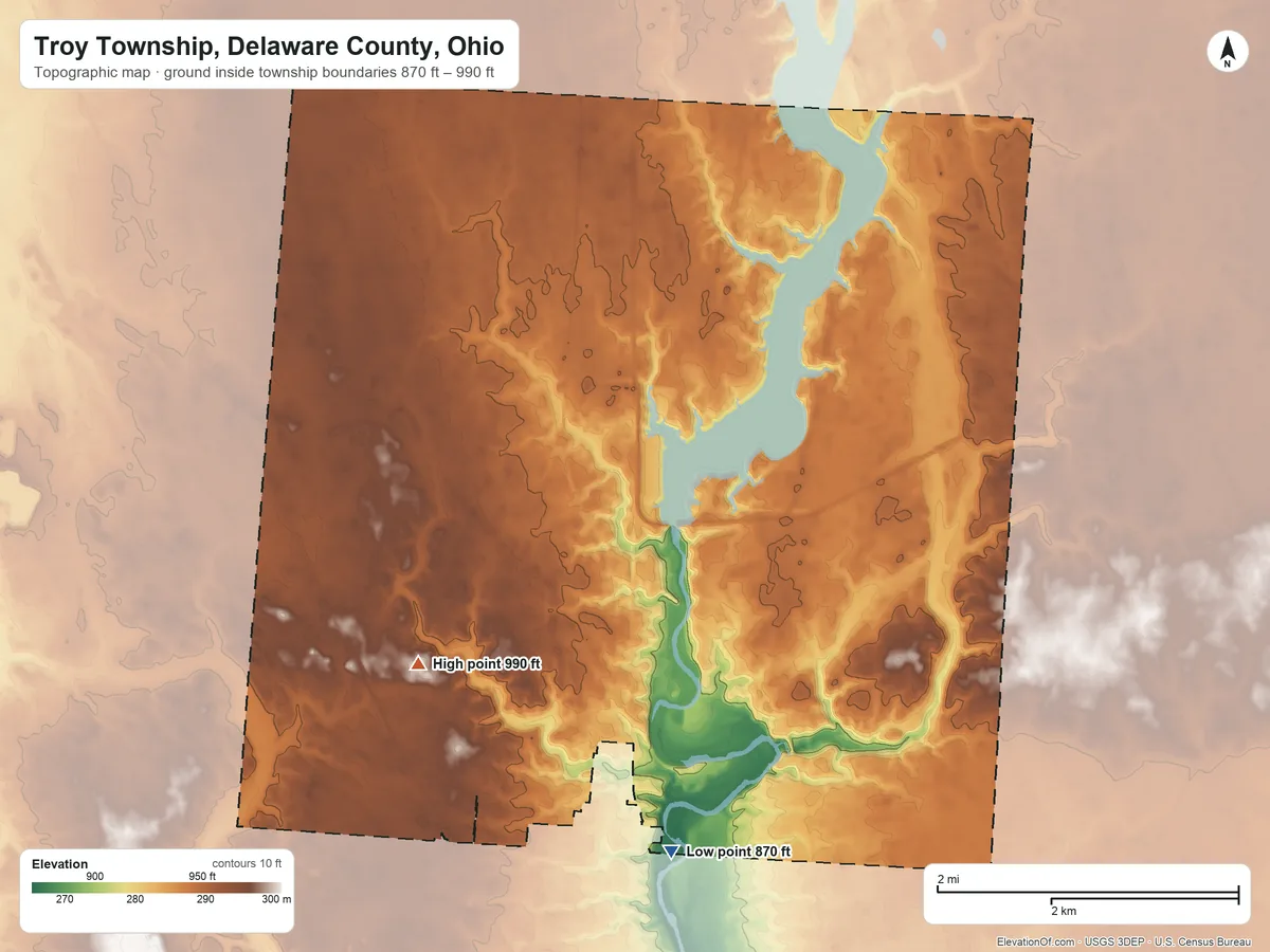 Topographic elevation map of Troy Township, Delaware County, Ohio, shaded from 870 ft on the south side to 990 ft on the west side