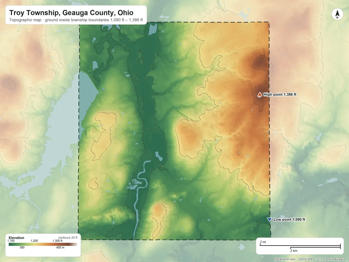 Topographic elevation map of Troy Township, Geauga County, Ohio, shaded from 1,090 ft on the southeast side to 1,386 ft on Sugarloaf