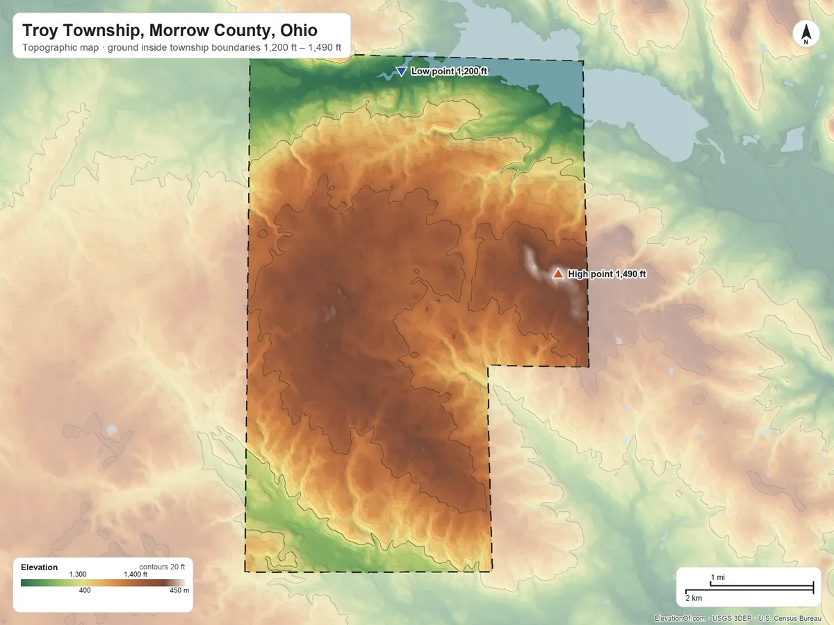 Topographic elevation map of Troy Township, Morrow County, Ohio, shaded from 1,200 ft on the north side to 1,490 ft on the east side