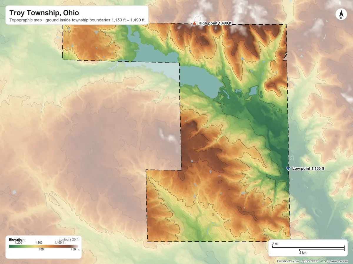 Topographic elevation map of Troy Township, Ohio, shaded from 1,150 ft on the southeast side to 1,490 ft on the north side