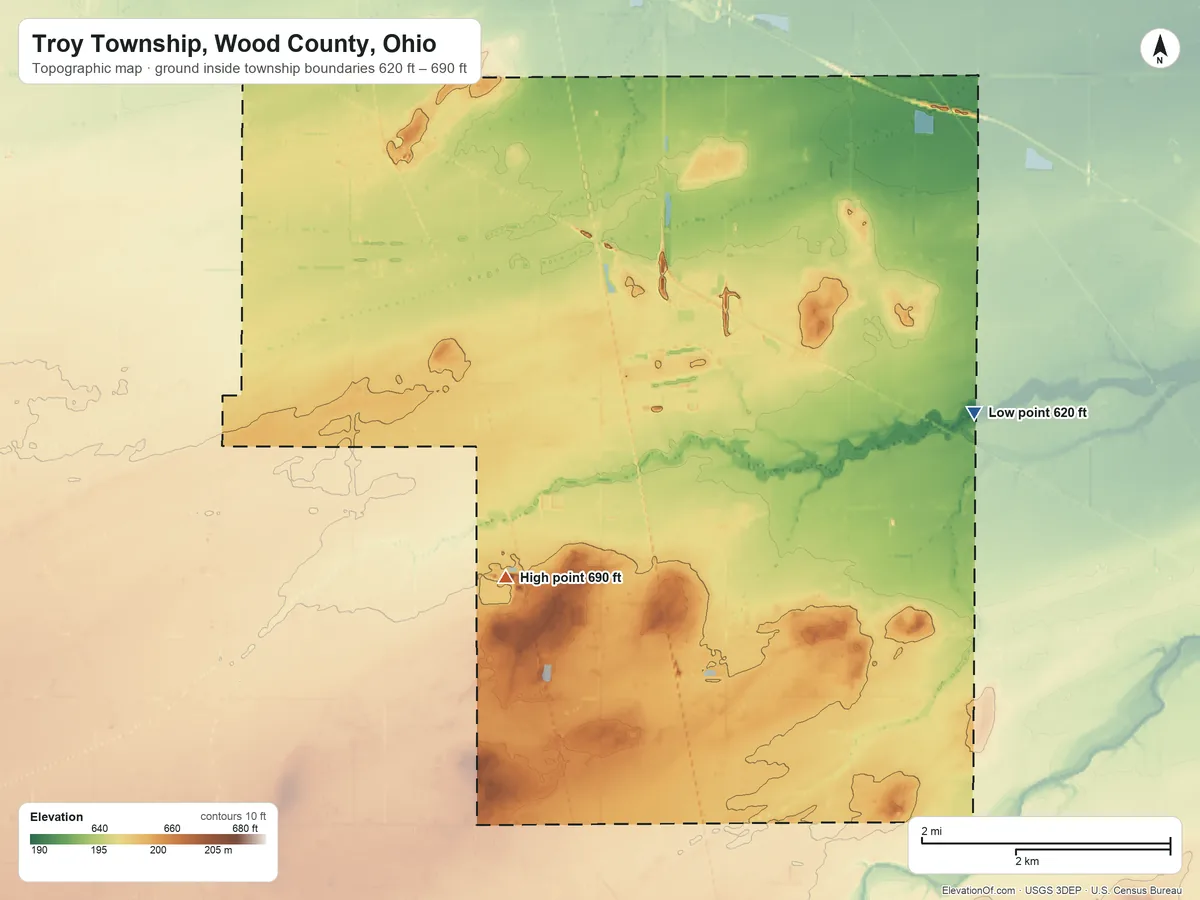Topographic elevation map of Troy Township, Wood County, Ohio, shaded from 620 ft on the east side to 690 ft on the southwest side