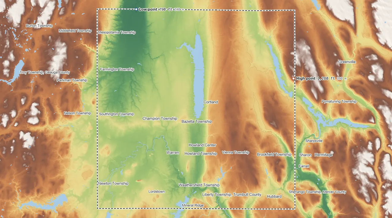 Topographic elevation map of Trumbull County, Ohio, shaded from 790 ft on the northwest side to 1,280 ft on Trautman Hill