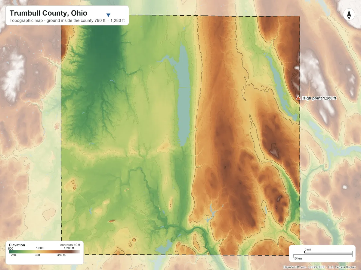 Topographic elevation map of Trumbull County, Ohio, shaded from 790 ft on the northwest side to 1,280 ft on Trautman Hill