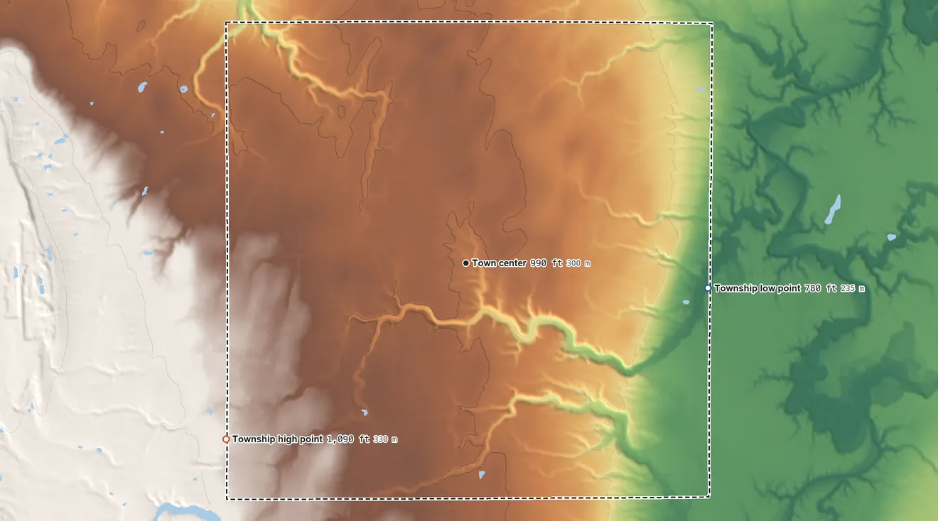 Topographic elevation map of Trumbull Township, Ohio, shaded from 780 ft on the east side to 1,090 ft on the southwest side