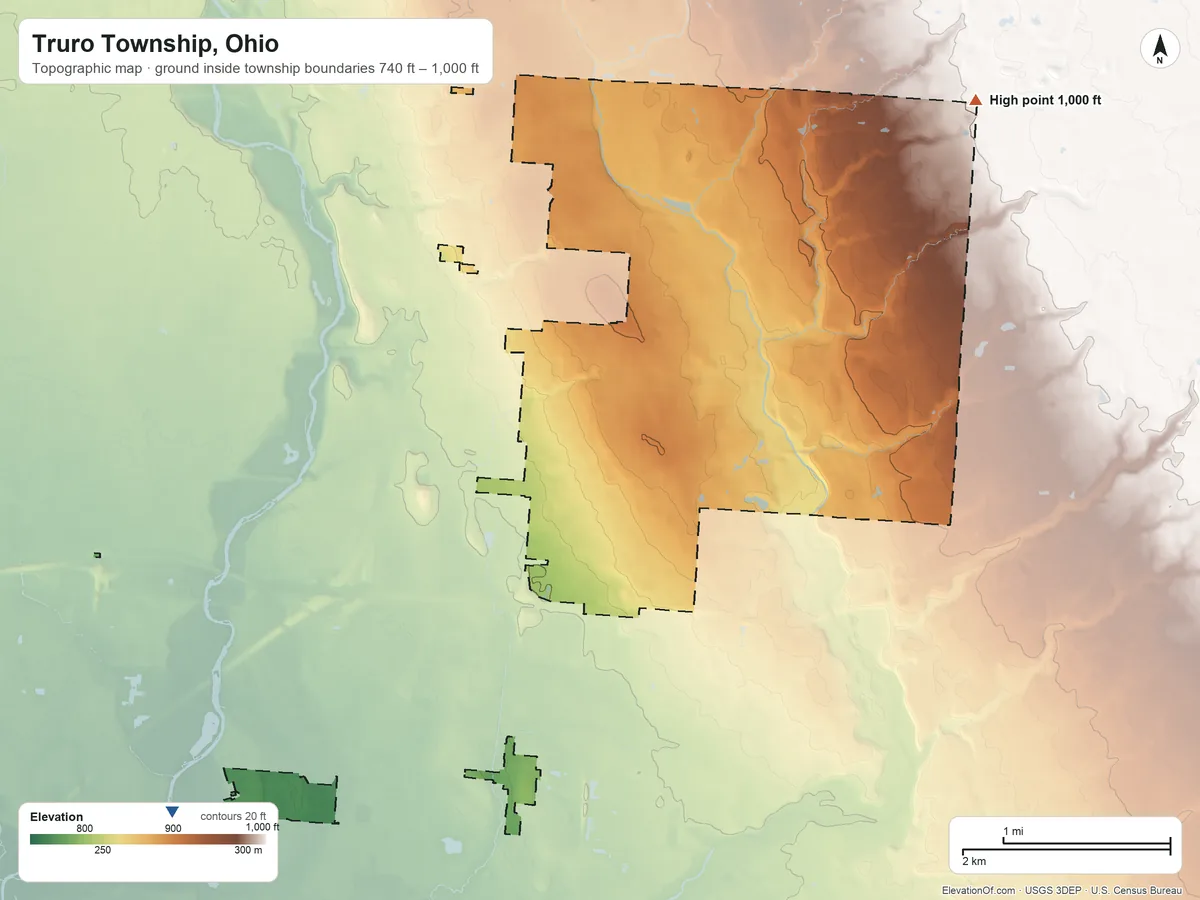 Topographic elevation map of Truro Township, Ohio, shaded from 740 ft on the southwest side to 1,000 ft on the northeast side