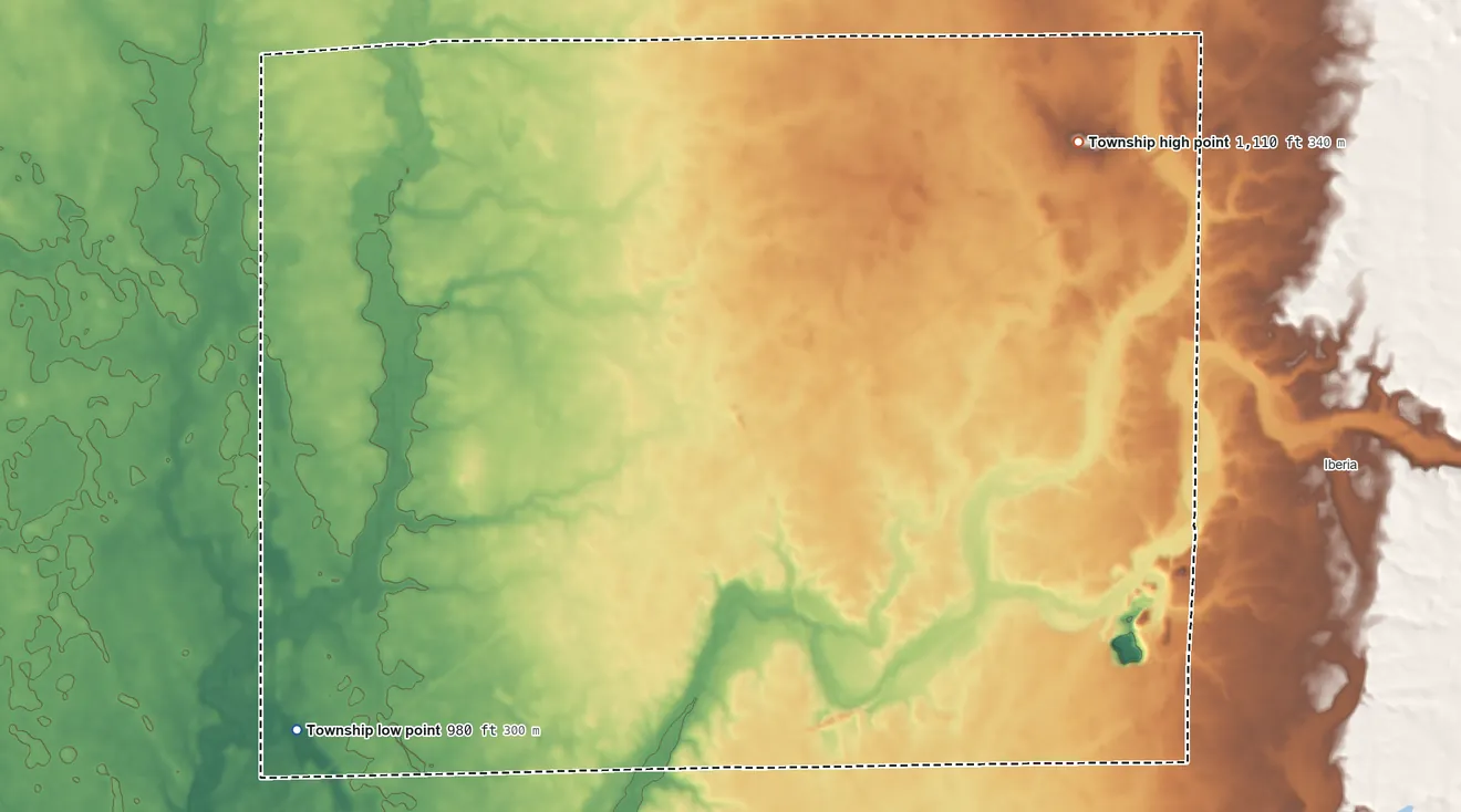Topographic elevation map of Tully Township, Marion County, Ohio, shaded from 980 ft on the southwest side to 1,110 ft on the northeast side