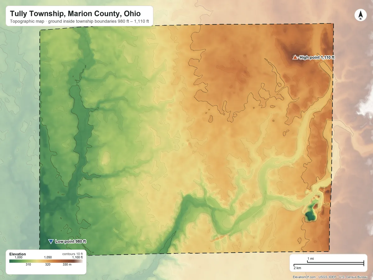 Topographic elevation map of Tully Township, Marion County, Ohio, shaded from 980 ft on the southwest side to 1,110 ft on the northeast side