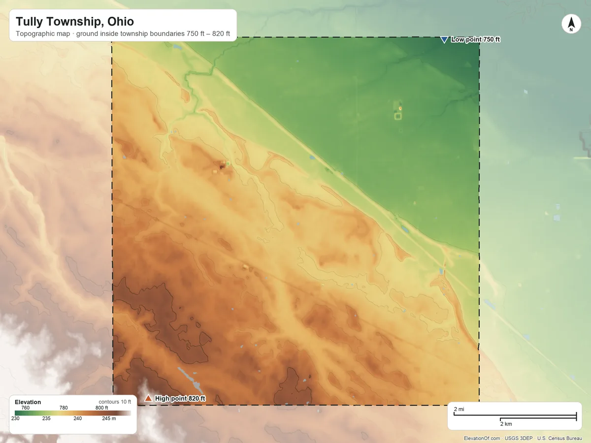 Topographic elevation map of Tully Township, Ohio, shaded from 750 ft on the north side to 820 ft on the southwest side