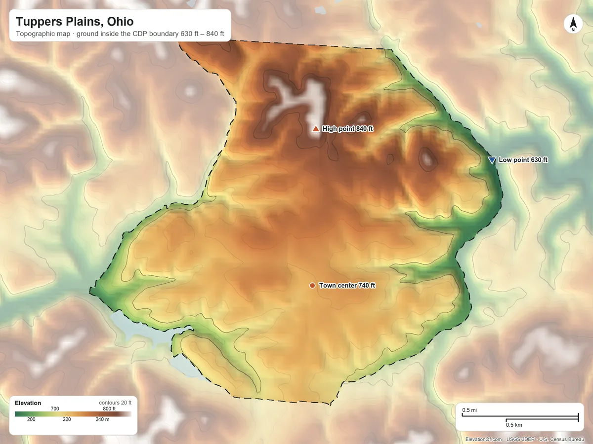 Topographic elevation map of Tuppers Plains, Ohio, shaded from 630 ft on the northeast side to 840 ft on the north side