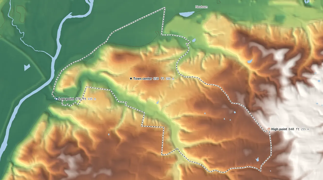 Topographic elevation map of Turpin Hills, Ohio, shaded from 470 ft on the west side to 840 ft on the east side