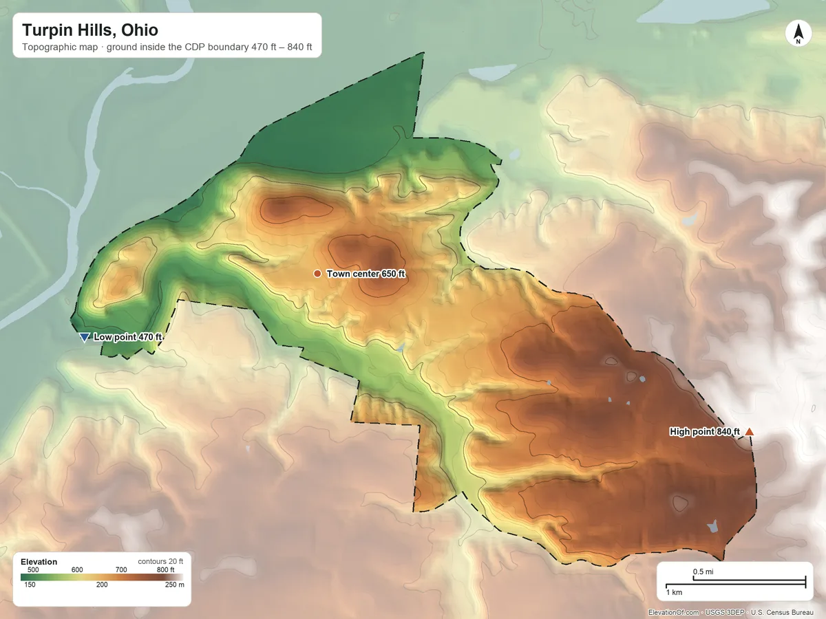 Topographic elevation map of Turpin Hills, Ohio, shaded from 470 ft on the west side to 840 ft on the east side