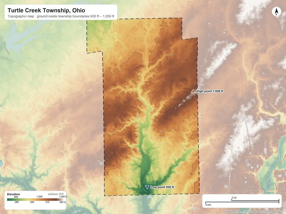 Topographic elevation map of Turtle Creek Township, Ohio, shaded from 930 ft on the south side to 1,050 ft on the east side