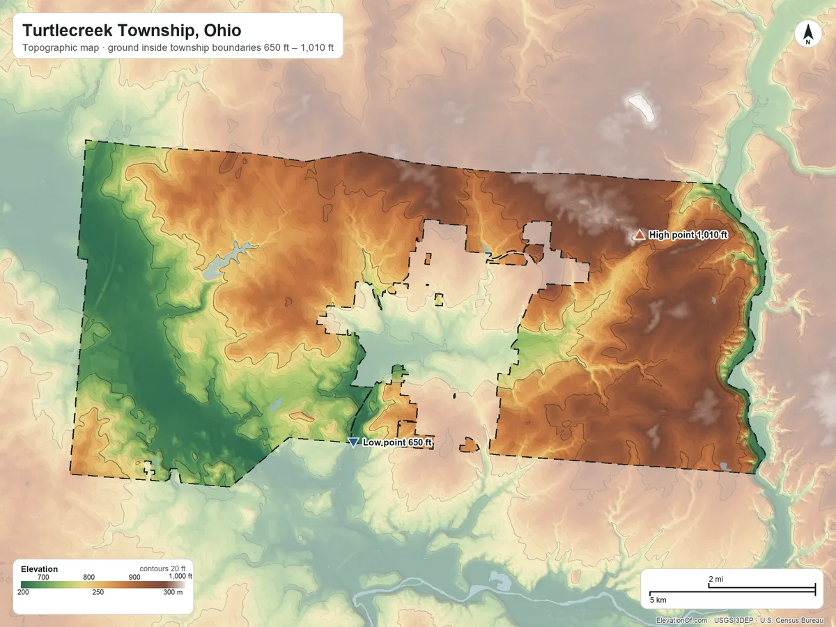 Topographic elevation map of Turtlecreek Township, Ohio, shaded from 650 ft on the south side to 1,010 ft on the east side