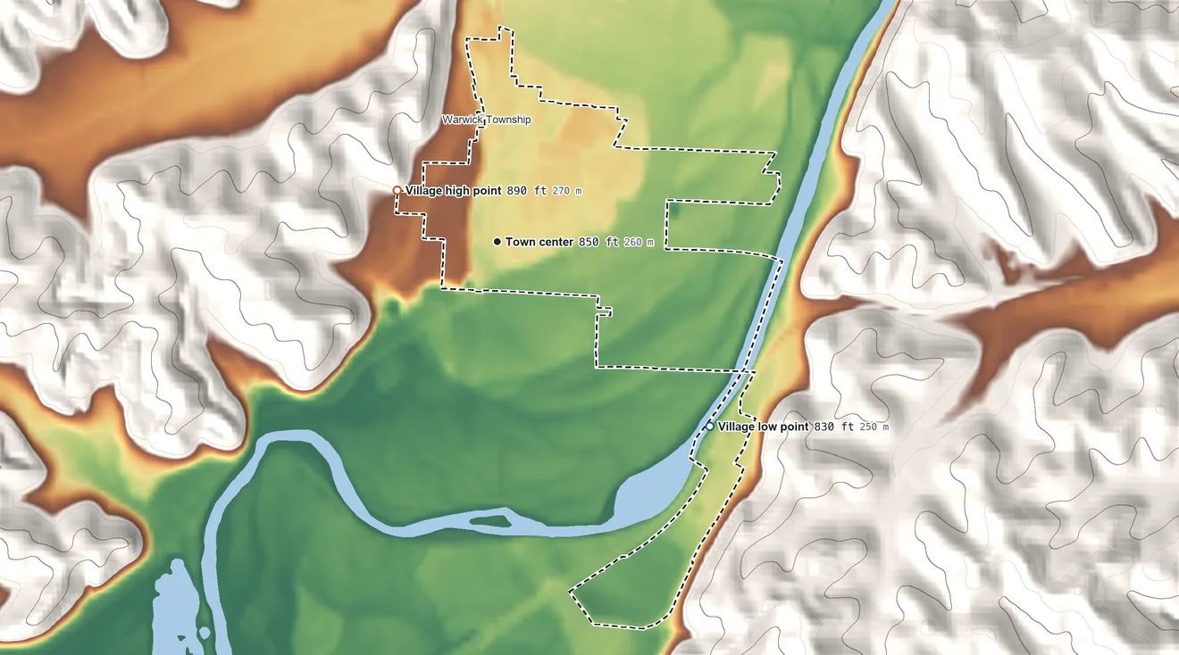 Topographic elevation map of Tuscarawas, Ohio, shaded from 830 ft on the southeast side to 890 ft on the northwest edge, below higher ground just outside