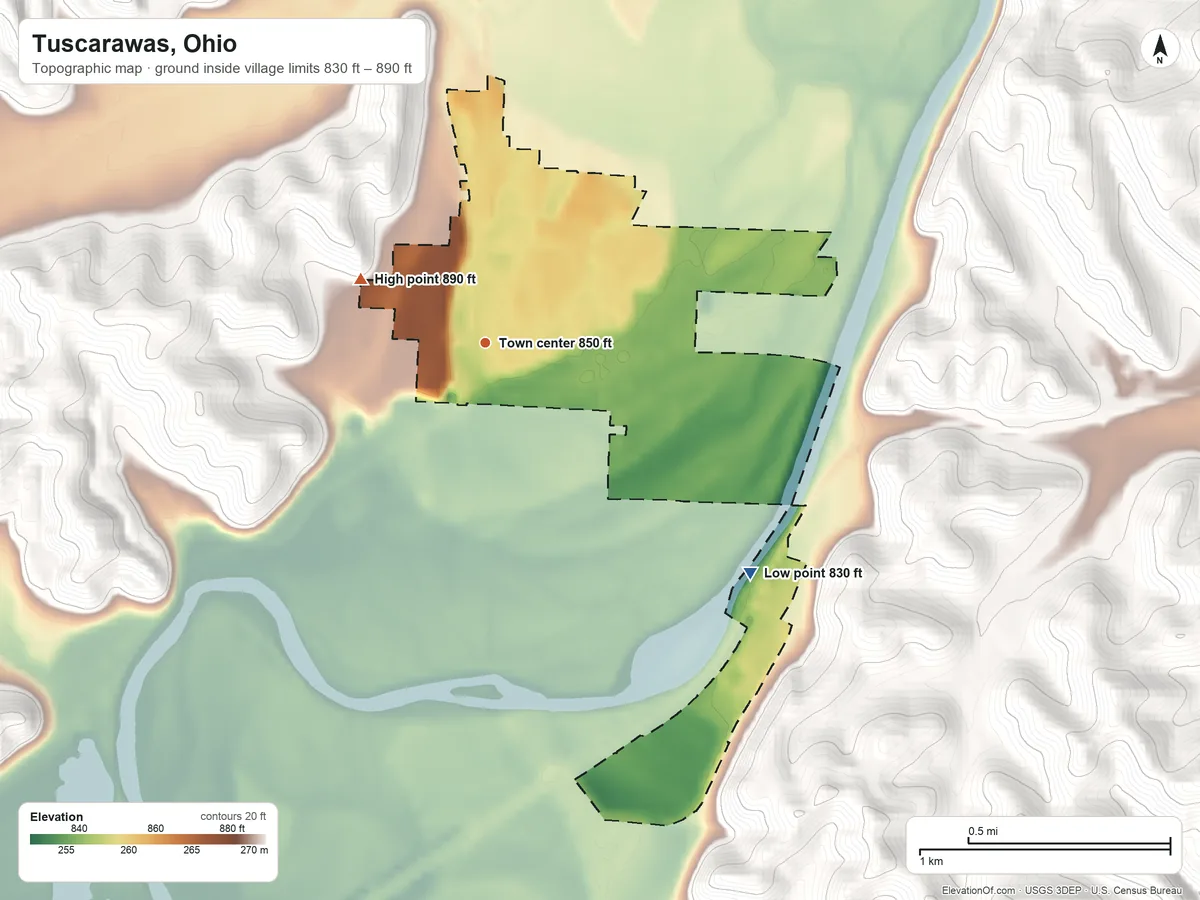 Topographic elevation map of Tuscarawas, Ohio, shaded from 830 ft on the southeast side to 890 ft on the northwest edge, below higher ground just outside