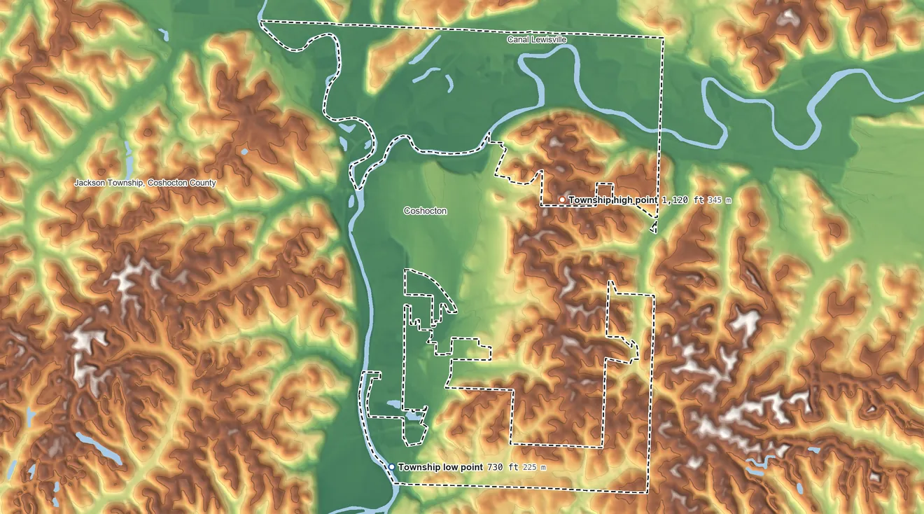 Topographic elevation map of Tuscarawas Township, Coshocton County, Ohio, shaded from 730 ft on the south side to 1,120 ft on Hardscrabble Hill