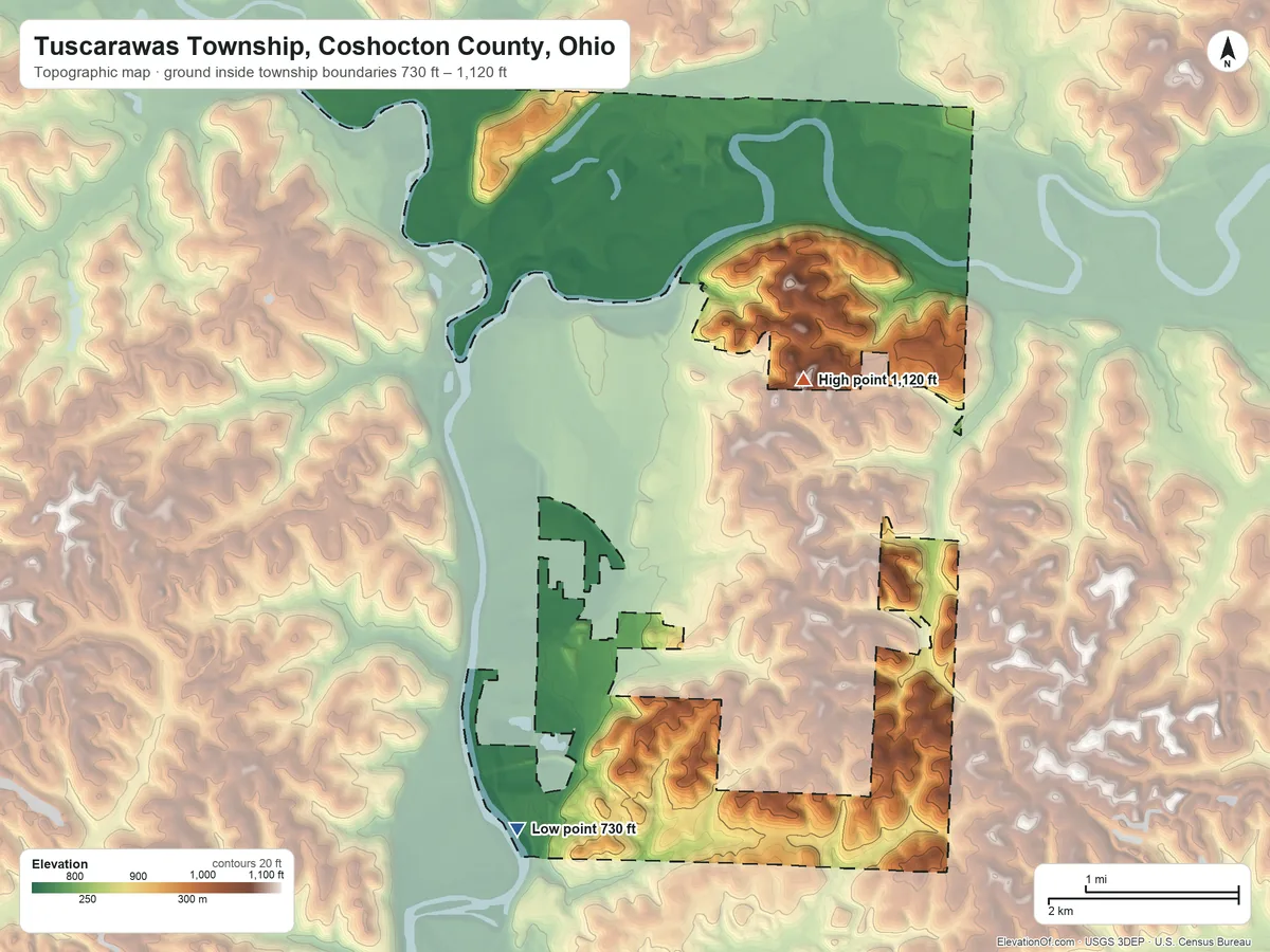 Topographic elevation map of Tuscarawas Township, Coshocton County, Ohio, shaded from 730 ft on the south side to 1,120 ft on Hardscrabble Hill