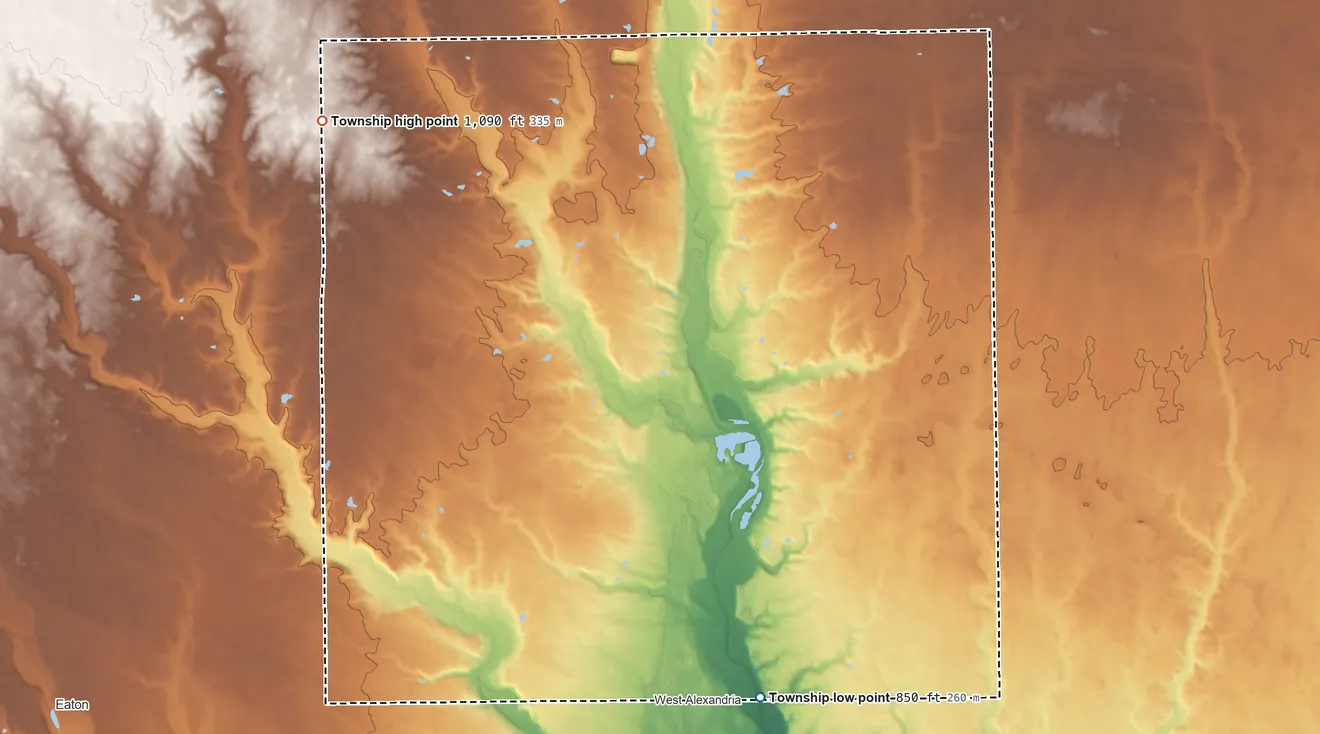 Topographic elevation map of Twin Township, Preble County, Ohio, shaded from 850 ft on the southeast side to 1,090 ft on the northwest side