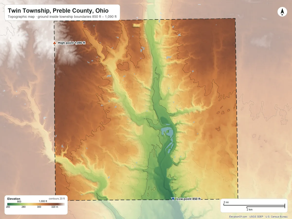 Topographic elevation map of Twin Township, Preble County, Ohio, shaded from 850 ft on the southeast side to 1,090 ft on the northwest side