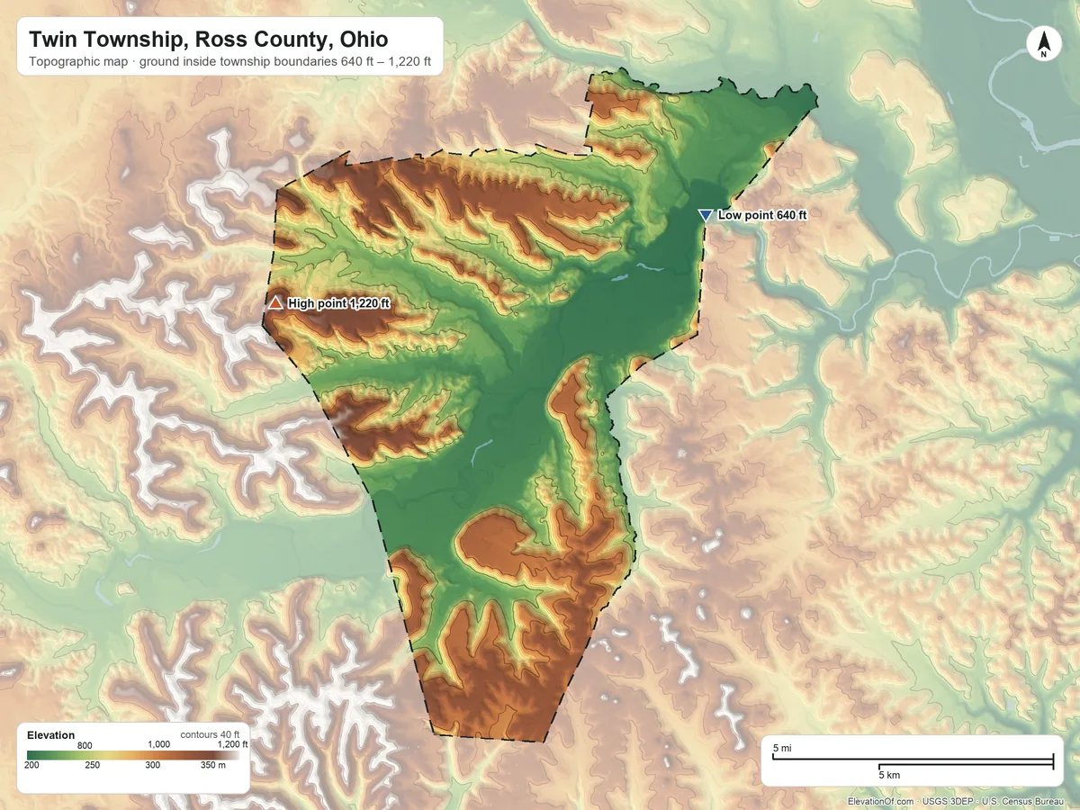 Topographic elevation map of Twin Township, Ross County, Ohio, shaded from 640 ft on the northeast side to 1,220 ft on the west side