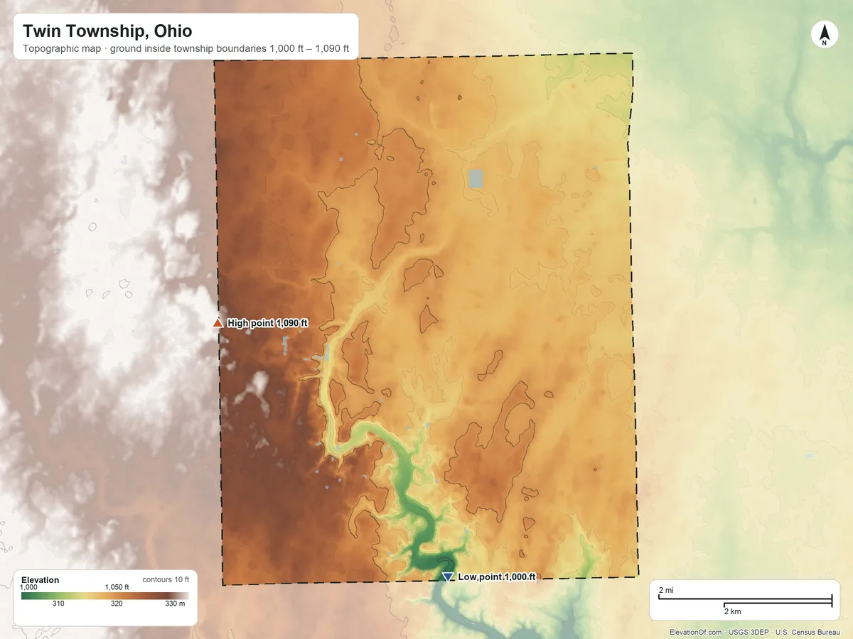 Topographic elevation map of Twin Township, Ohio, shaded from 1,000 ft on the south side to 1,090 ft on the southwest side