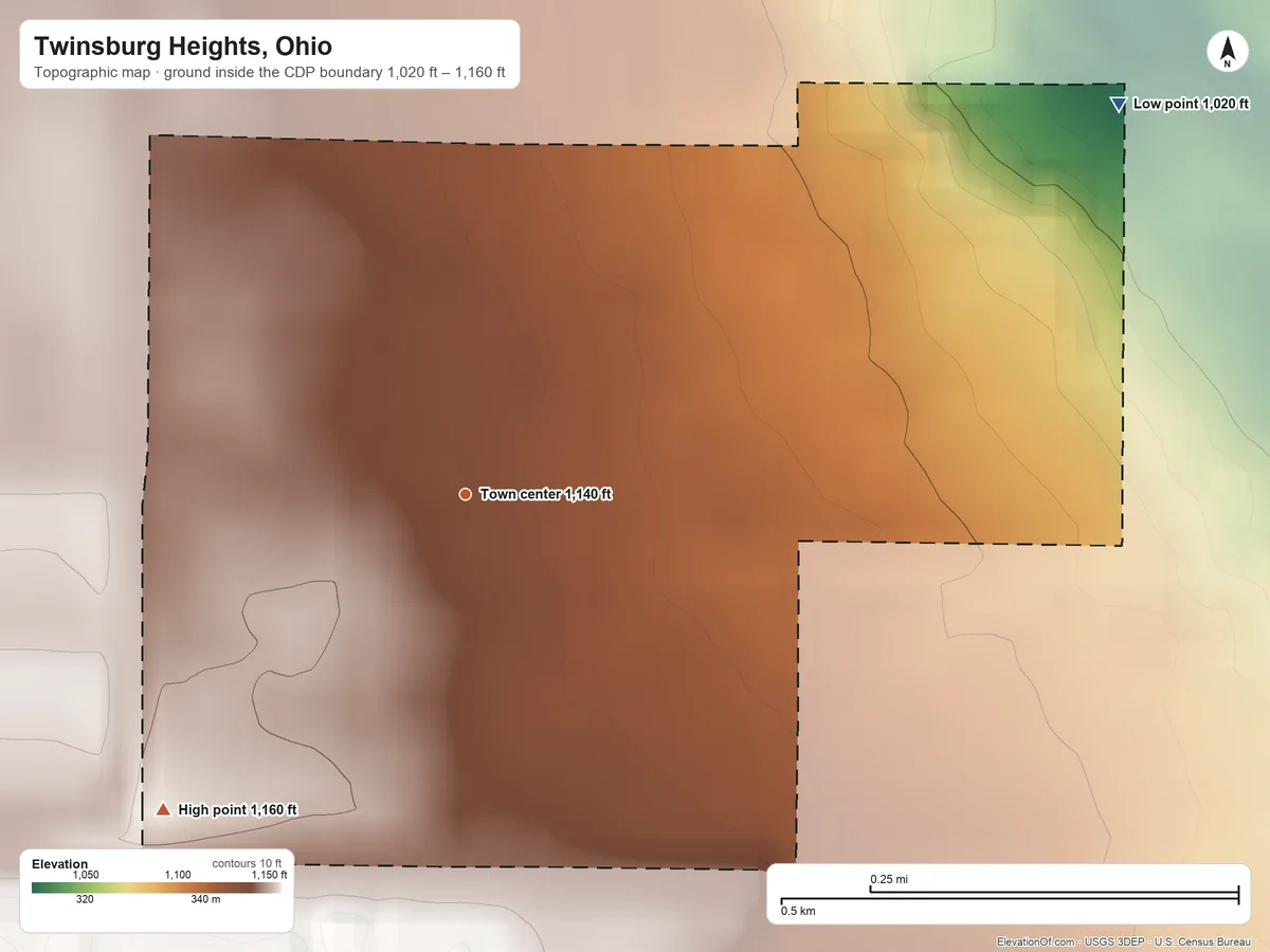 Topographic elevation map of Twinsburg Heights, Ohio, shaded from 1,020 ft on the northeast side to 1,160 ft on the southwest side