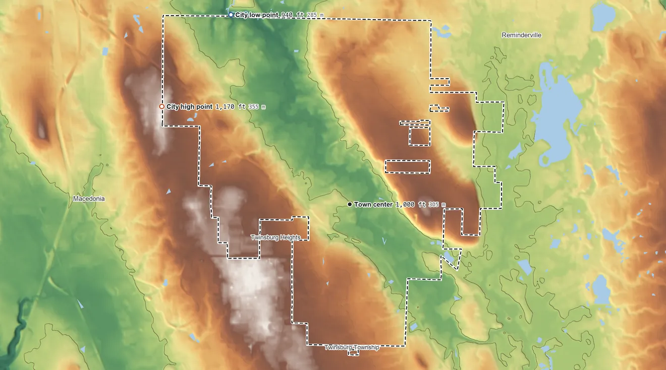 Topographic elevation map of Twinsburg, Ohio, shaded from 940 ft on the northwest side to 1,170 ft on the northwest side