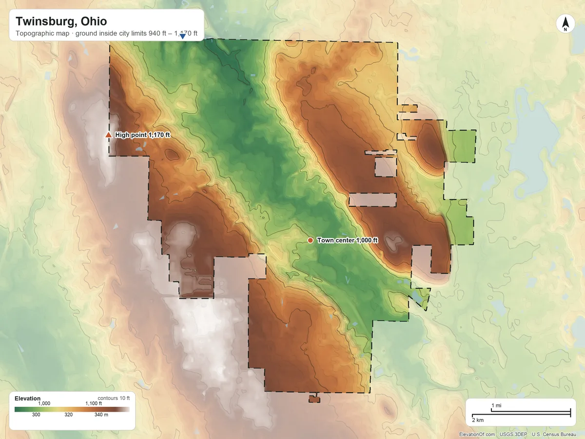 Topographic elevation map of Twinsburg, Ohio, shaded from 940 ft on the northwest side to 1,170 ft on the northwest side