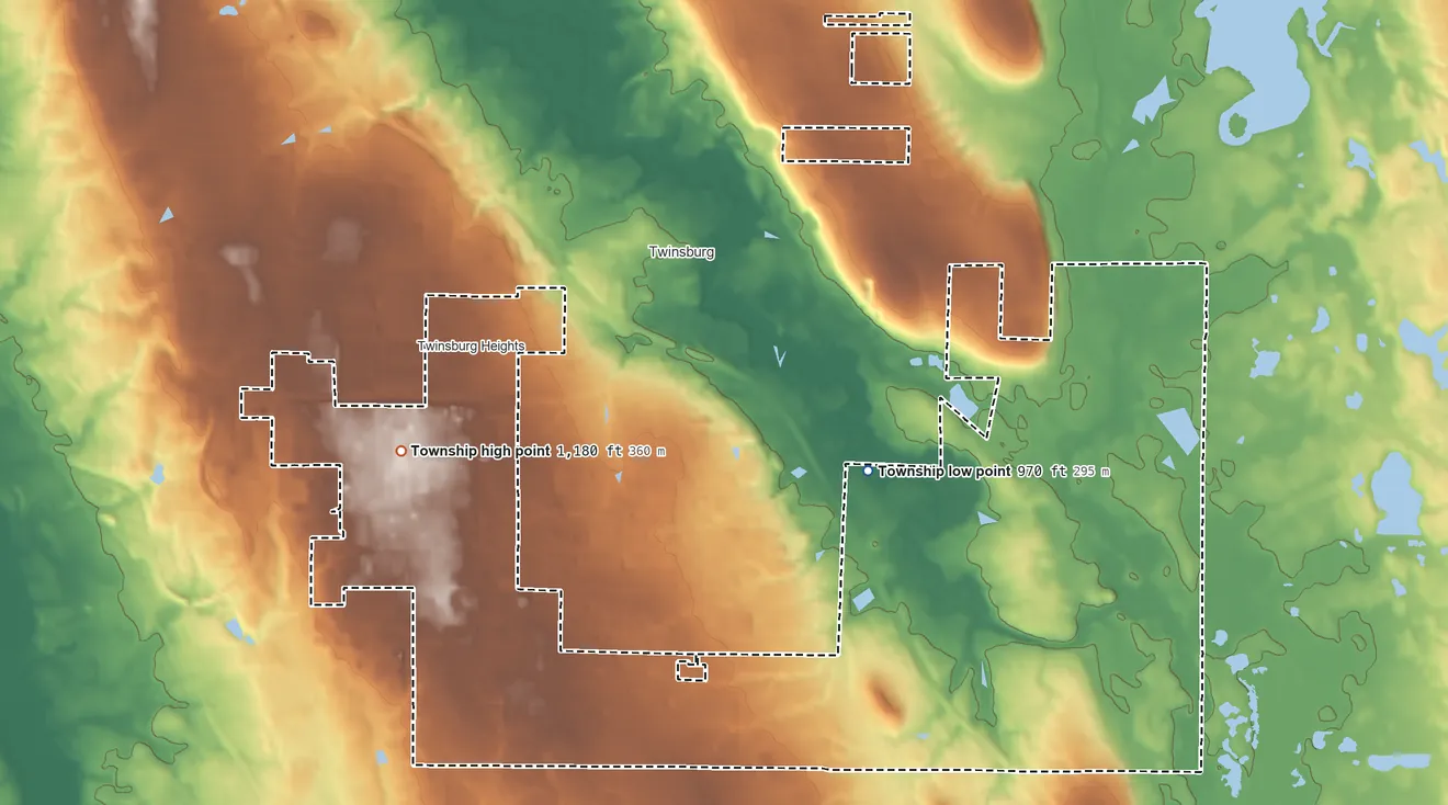 Topographic elevation map of Twinsburg Township, Ohio, shaded from 970 ft on the northeast side to 1,180 ft on the northwest side
