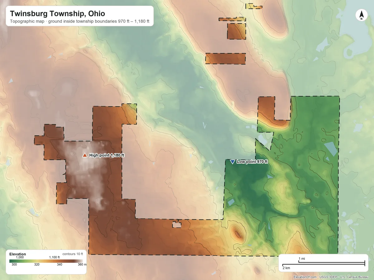 Topographic elevation map of Twinsburg Township, Ohio, shaded from 970 ft on the northeast side to 1,180 ft on the northwest side