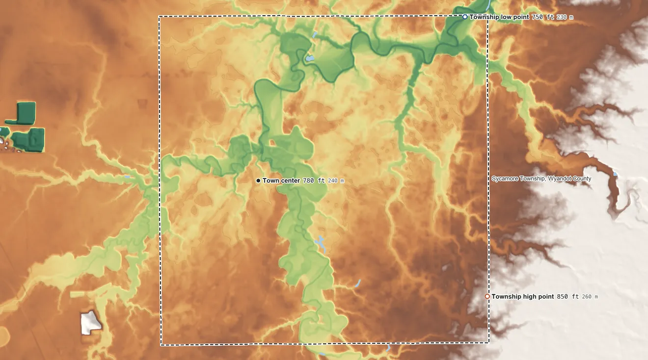 Topographic elevation map of Tymochtee Township, Ohio, shaded from 750 ft on the northeast side to 850 ft on the southeast side