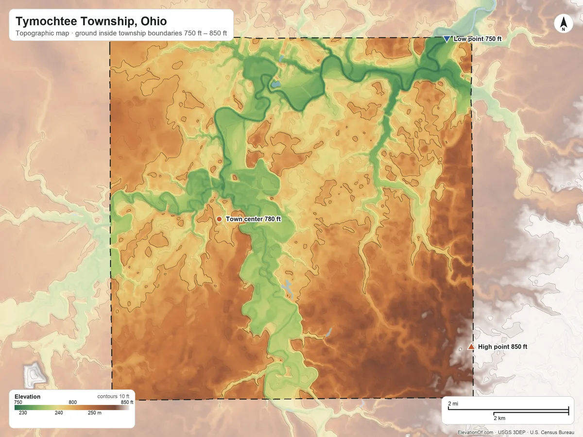 Topographic elevation map of Tymochtee Township, Ohio, shaded from 750 ft on the northeast side to 850 ft on the southeast side